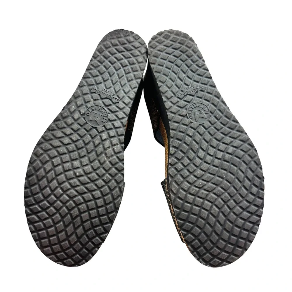 Mephisto Women Black Gold Snakeskin Leather Wedge Sandals Cork Footbed Size 39